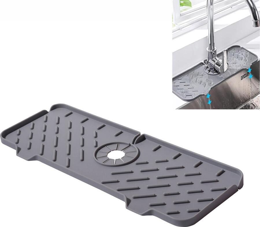 Siliconen Kraanmat 37 x 14.5 CM Afdruipmat Siliconen Mat Voor Keukenkraan Wastafel Splash Bescherming Afvoerpad Gootsteenmat Accessoires Voor Aanrecht Gootsteen Droogmat Keuken Badkamer Grijs Antislip