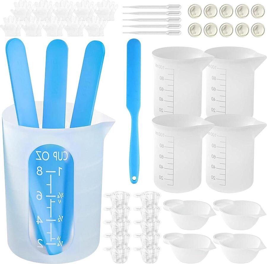 Maatbekerset 1- 250 ml en 4-100 ml mengbekers met roerstaafjes spatel mengpeddel doseerbeker pipetten voor epoxy vormen sieraden maken gemakkelijk te reinigen