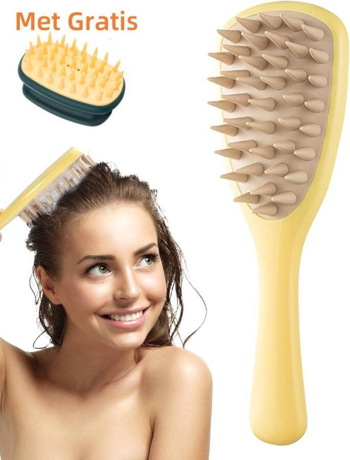 Siliconen Massagekam Met Gratis Siliconen Haarborstel Nat en Droog Gebruik- Massage Haar borstel Hoofdhuid Massage Borstel Hoofdhuid Shampoo Borstel Scalp Massage Haarkam Haarverzorging Anti Roos Gezonde Hoofdhuid Geel