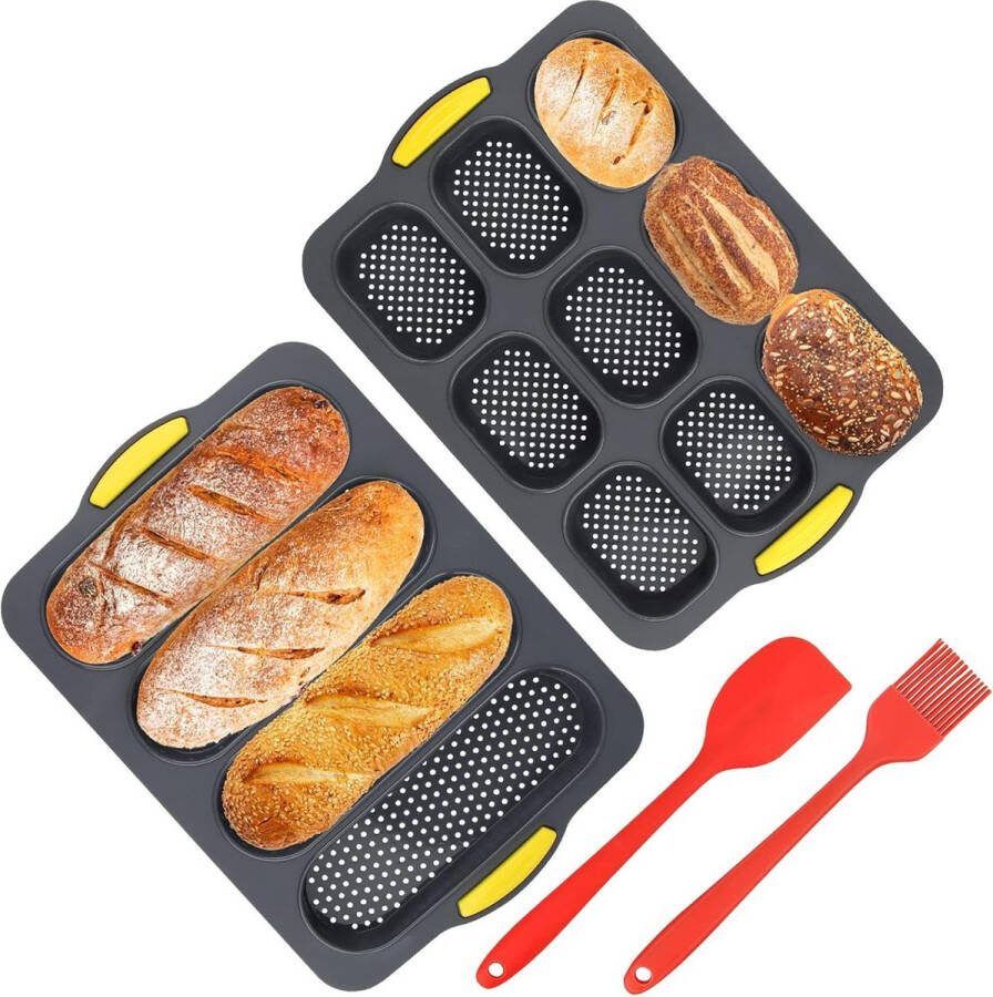 Siliconen Mini Bakvorm 4-Baguette Grillroosters Bakplaat en 9 Roosters voor Frans Brood Set van 2