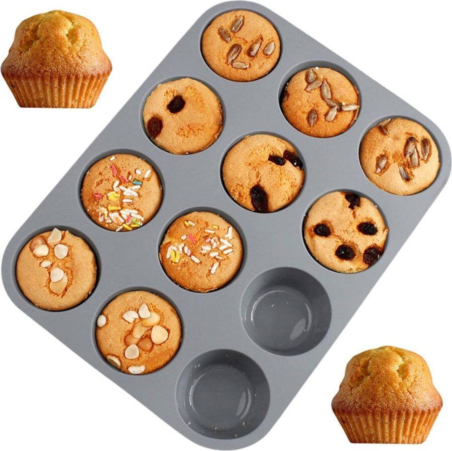 Siliconen muffinvorm 12 holtes antiaanbaklaag siliconen bakvorm siliconen cupcakevorm siliconen mal (12 holtes siliconen grijs)
