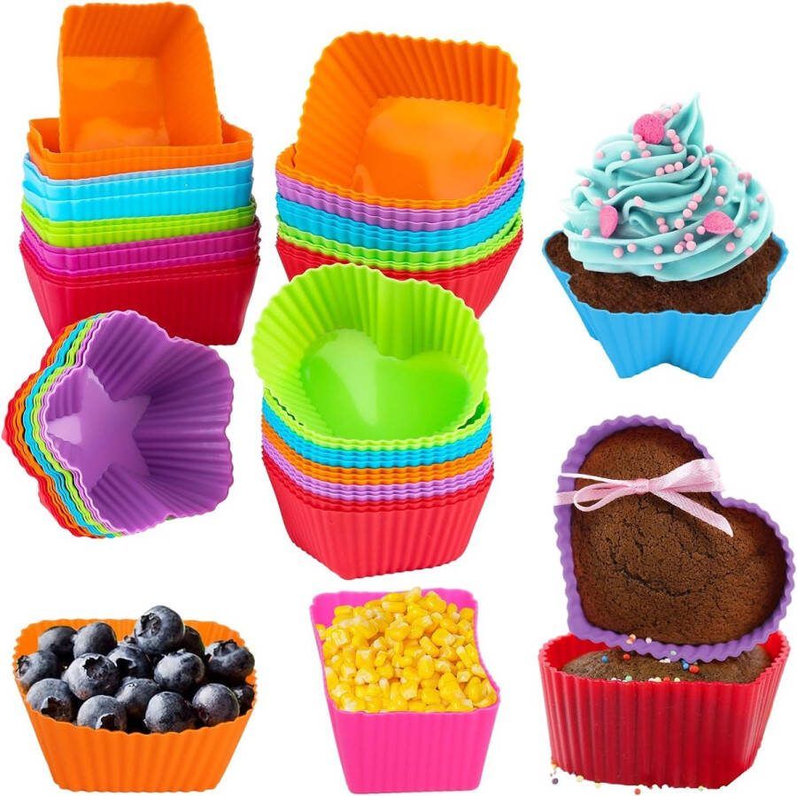 Siliconen muffinvormpjes 60 stuks 4 vormen herbruikbare siliconen bakvorm voor muffin en cupcake siliconen muffinvorm met antiaanbaklaag BPA-vrij cupcakevormen voor doe-het-zelf bakken incrème