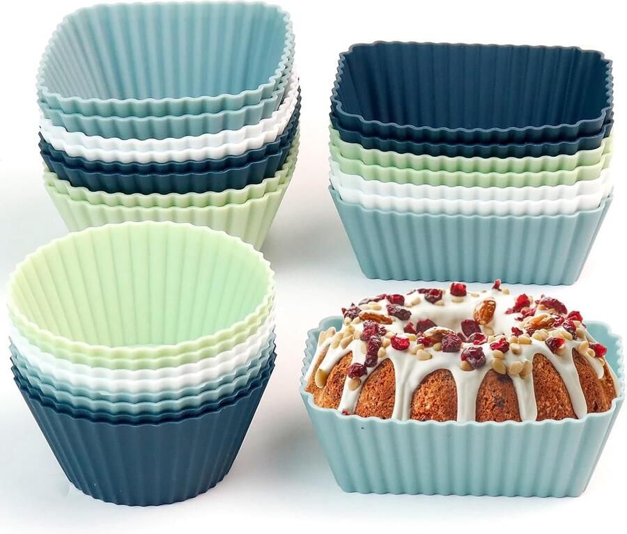 Siliconen muffinvormpjes herbruikbare muffinvorm bakvormen 24 stuks cupcakevormpjes drie modellen rechthoekig vierkant cirkel BPA-vrij cakevorm siliconen vormen voor cake crème en pudding