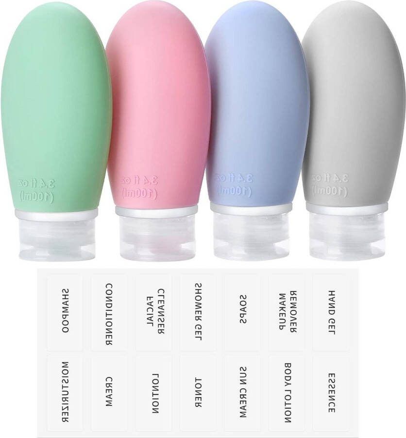 Siliconen reisflesjes set 4 stuks 100 ml lekvrij navulbaar met etiketten voor cosmetica shampoo vloeistoffen reisflesjes 100ml