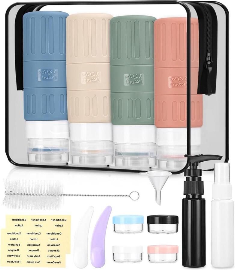 Siliconen reisflessen 100 ml 16 stuks reisset met opbergtas en bisfenol A-vrij draagbare reisflessenset voor lotion spoeling douchegel reisflesjes 100ml