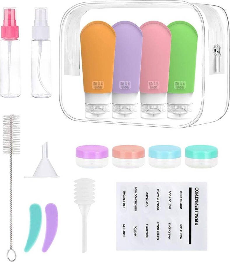 Siliconen Reisflessen 90ml Navulbaar Set van 17 Stuks met Lekvrije Reiscontainers reisflesjes handbagage