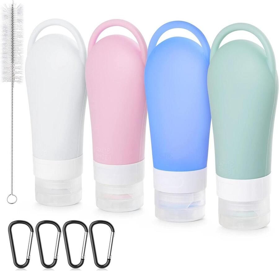 Siliconen reisflessen set 90 60 ml 4 lekvrije vloeistofcontainers herbruikbaar met karabijn reinigingsborstel voor shampoo douchegel handwasvloeistof Meerkleurig reisflesjes 100ml