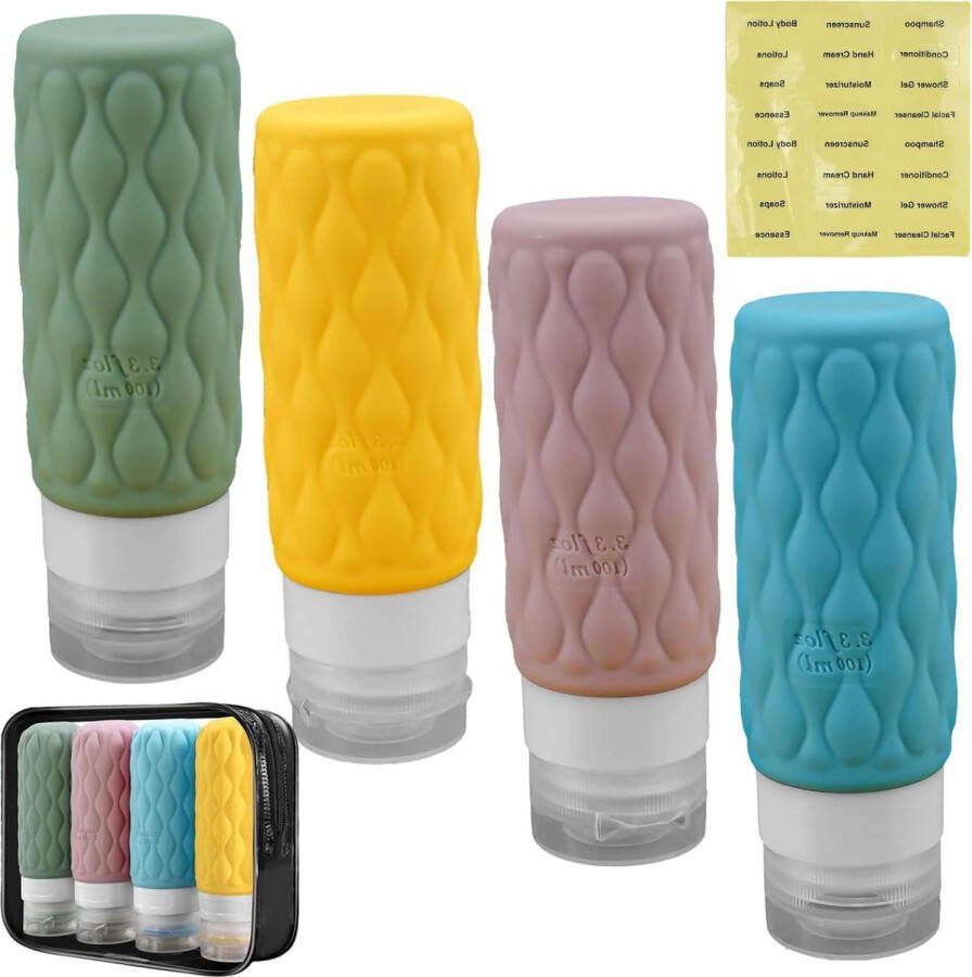 Siliconen reisflessen set van 4 stuks 100 ml lekvrije navulbare vloeistofcontainer met etiketten toilettas geleverd shampoo cosmeticaflessen. reisflesjes 100ml