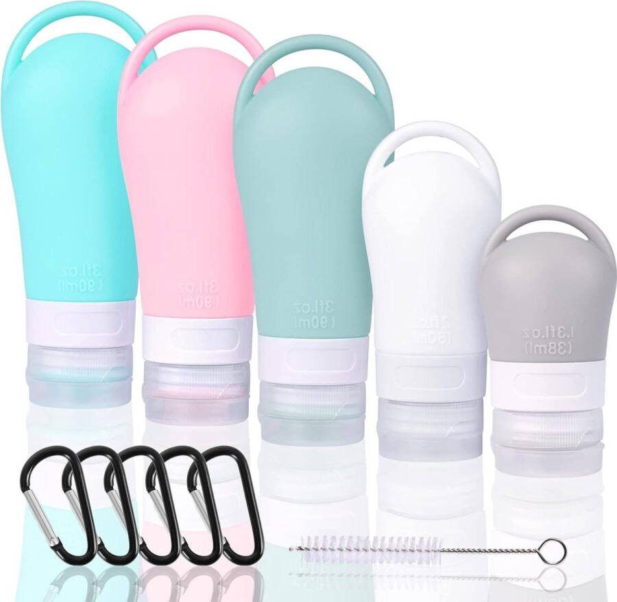Siliconen reisflessenset lekvrij 5 stuks herbruikbare draagbare container met karabijnhaak reinigingsborstel voor shampoo lotion douchegel reisflesjes 100ml