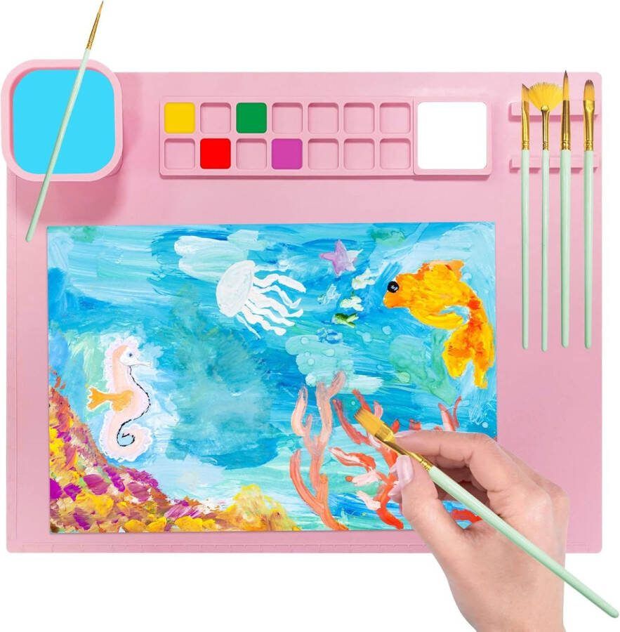 Siliconen schildermat siliconen knutselmat met verfborstel beker en verfhouder 20 x 16 inch siliconen kunstmat voor kinderen en volwassenen (roze)