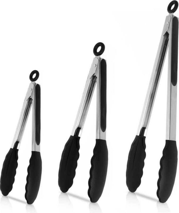 House of Husk Siliconen Serveertangen Set Keukentang BBQ Tang Vleestang Keukentang Zilver Zwart Set van 3