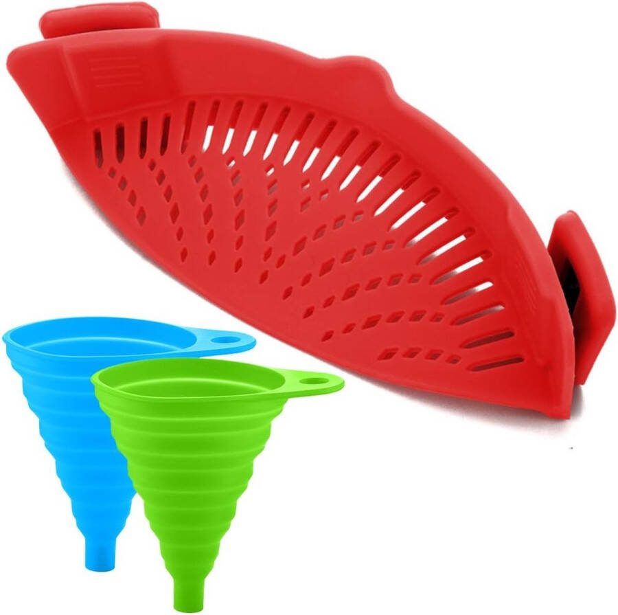 Siliconen snap-zeef met 2 inklapbare trechters hands-free clip-on hittebestendige colander schenktuit voor pasta groente pasta pannenschaal rood