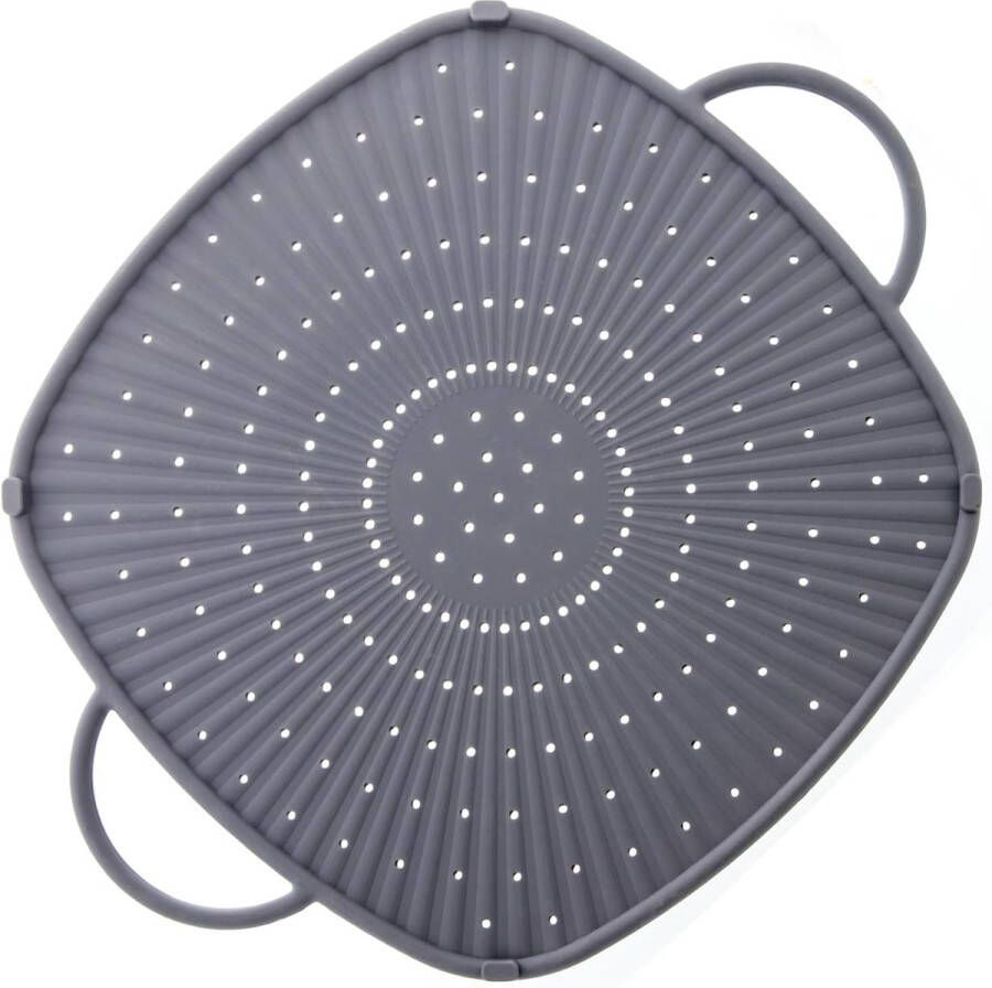 Siliconen spatbescherming rechthoekig afgerond grijs 31 x 31 cm siliconen spatbescherming voor pannen en potten ook geschikt als zeef en onderzetter