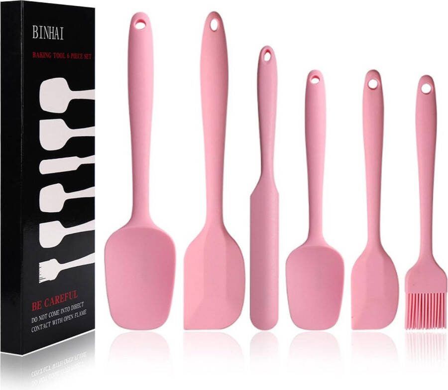 Siliconen spatelset roze 6-delige rubberen antiaanbakspatel met roestvrijstalen kern hittebestendige spatel keukengereiset voor koken bakken en mixen