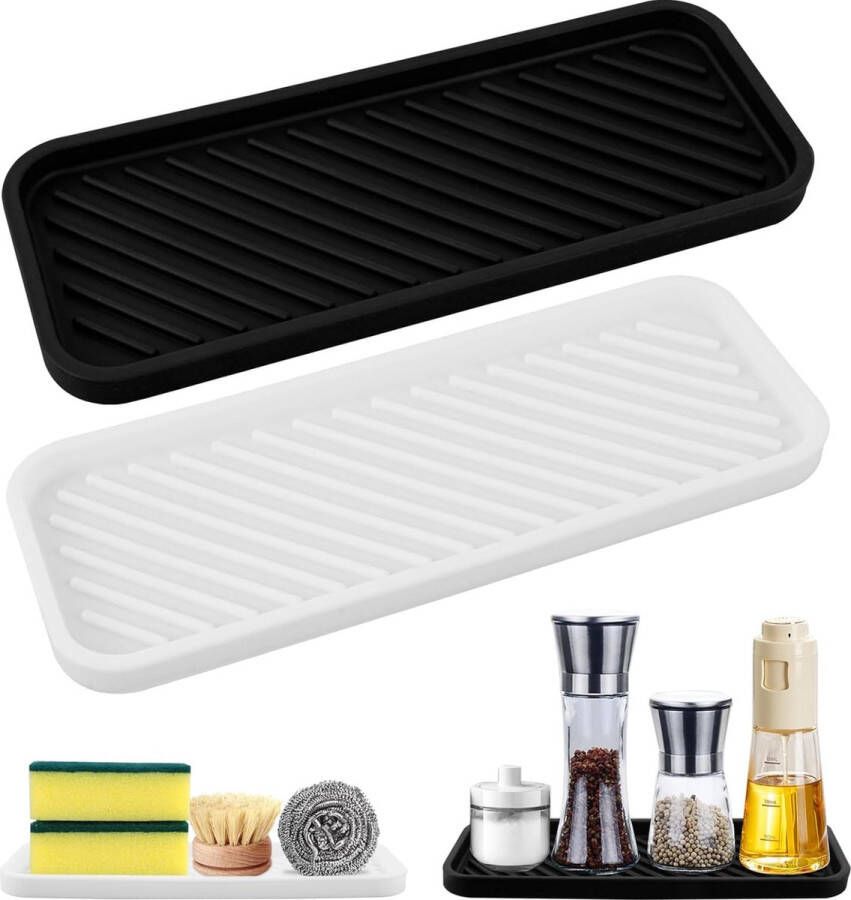 Siliconen sponsenhouder 2 stuks siliconen spoelbakorganisator siliconen sponshouder voor de gootsteen smalle afdruipmat spons zeepkist siliconenmat voor de wastafel siliconen plank voor de keuken en badkamer (zwart-wit)