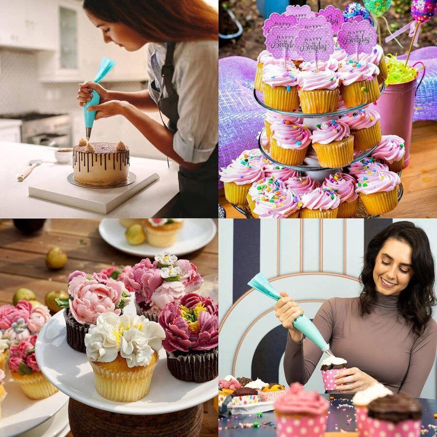 Siliconen spuitzakken set roestvrijstalen spuitmonden 8 stuks koppeling 30 cm x 17 cm herbruikbare spuitzak reinigingsborstel taarten gebak cupcakes decoreren spuitzakken wegwerp