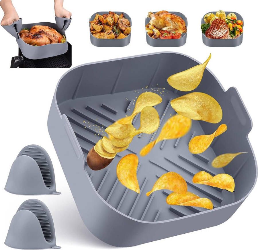 Siliconen vorm voor heteluchtfriteuse 20 cm Air Fryer siliconen pot herbruikbare luchtfriteuse siliconen pot met twee ovenhandschoenen hittebestendig eenvoudige reiniging voor magnetron ovenaccessoires