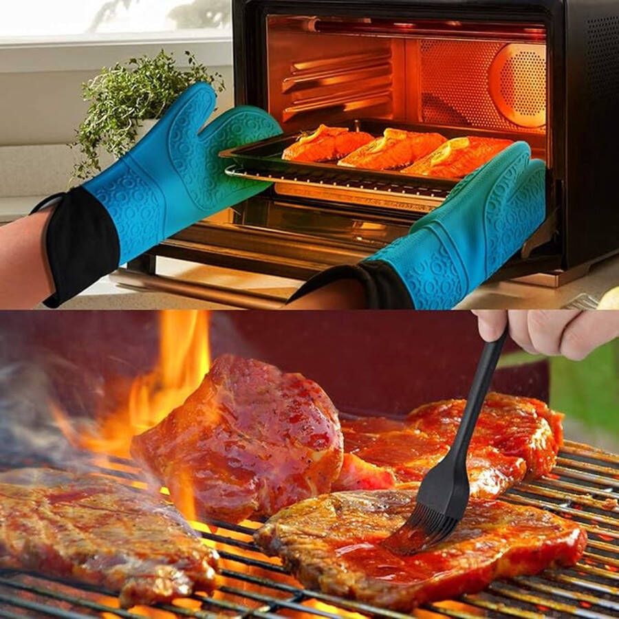 Siliconenhandschoen 446° F Hittebestendige Ovenwanten Waterdicht en Antislip Inclusief Pannenlappen en Borstels Lange Katoenen Manchetten voor Optimale Armbescherming Ideaal voor Barbecue Koken en Haardhout