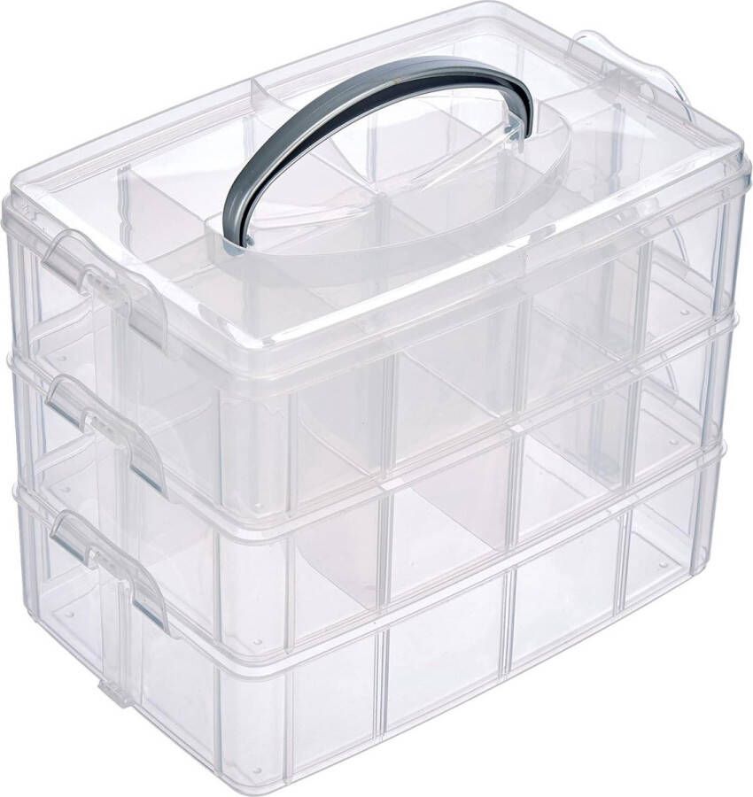 Single Sorteerdoos Draaggreep 3 Etages 17 Vakken Transparant Opruimdoos voor Hobby 23.1x15.6x18.5 cm Tekendoos