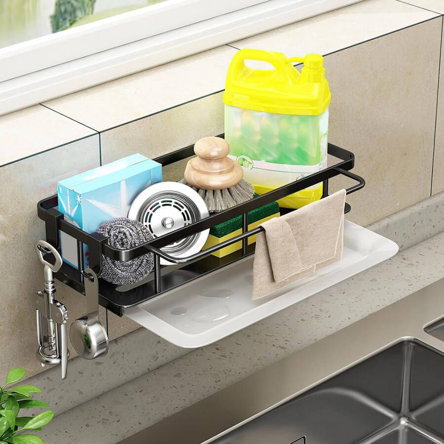 Sink Caddy Organizer Sink Organizer Hangend Zwart RVS Sink Caddy Organizer Zonder boren met afvoerbak voor keuken badkamer