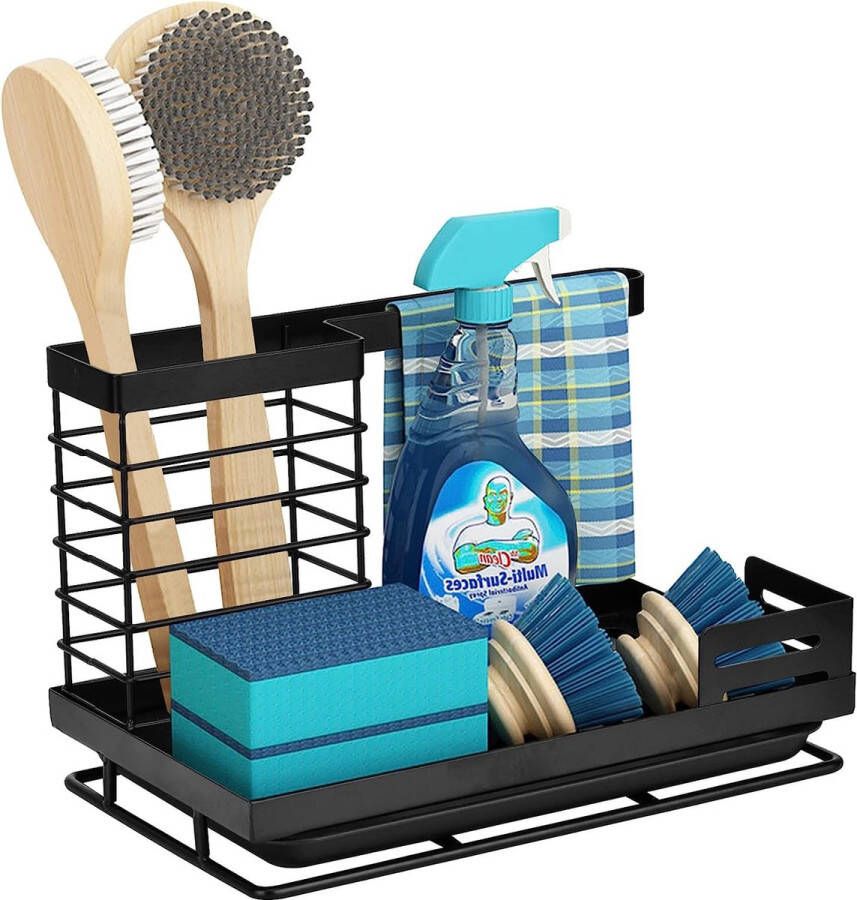 Sink Organizer Zwart RVS Keuken Organizer Badkamer Spons Houder met Afvoerbak Spons Borstel Zeepbakje Roest en Antislip Keukengerei Houder