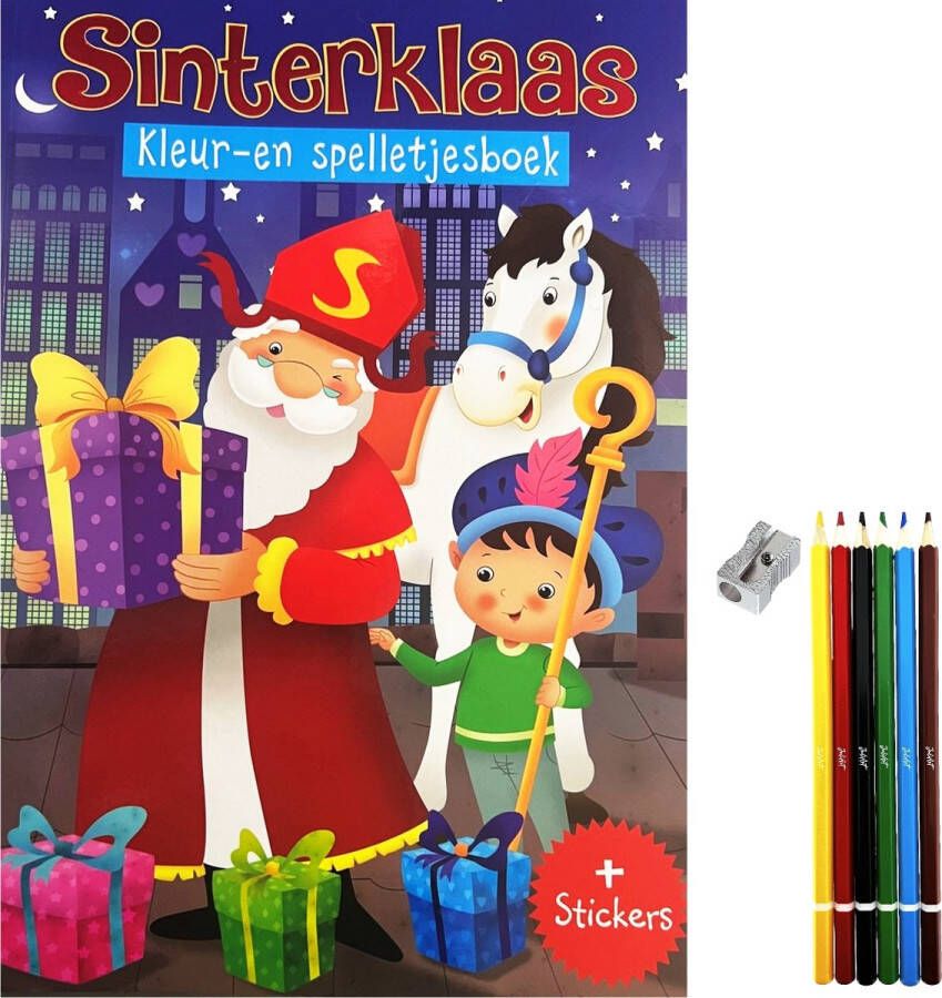 Sinterklaas Kleur & Spelletjesboek 128 blz Incl. 6 kleurpotloden en puntenslijper