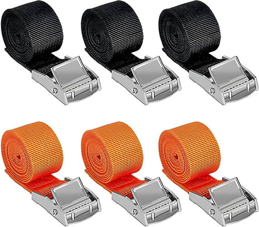 Sjorband 1 m x 2 5 cm Bevestigingsriem Spanbanden 6 Stuks Spanbanden Met Kklemsluiting Zwart Oranje Sjorbanden Voor Motorfiets Fietsendrager Koffer Bagagepakket Camping Belastbaar Tot 250 kg