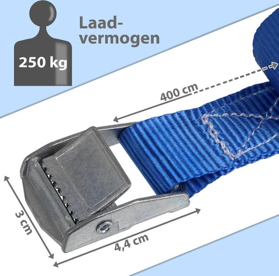 Sjorband spanband bevestigingsband met klemgesp blauw beschikbaar in verschillende lengtes en hoeveelheden draagvermogen tot 250 kg DIN EN 12195-2 10 stucks 2.5 cm x 4 m