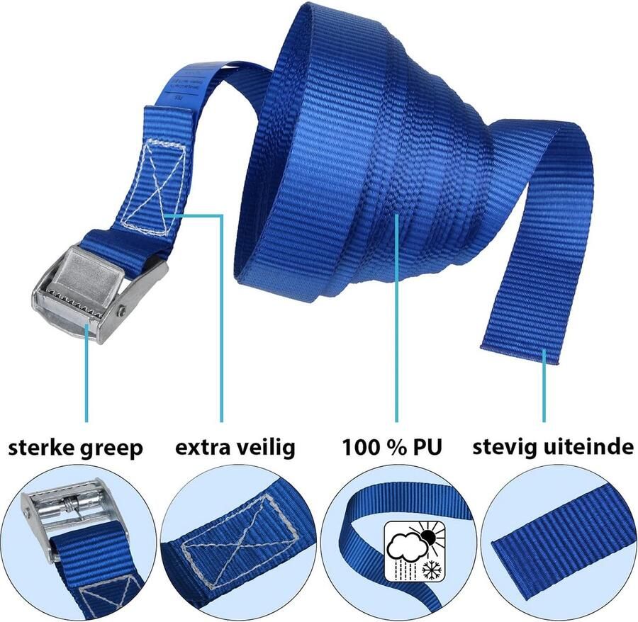 Sjorband spanband bevestigingsband met klemgesp blauw beschikbaar in verschillende lengtes en hoeveelheden draagvermogen tot 250 kg DIN EN 12195-2 6 stucks 2.5 cm x 1 m