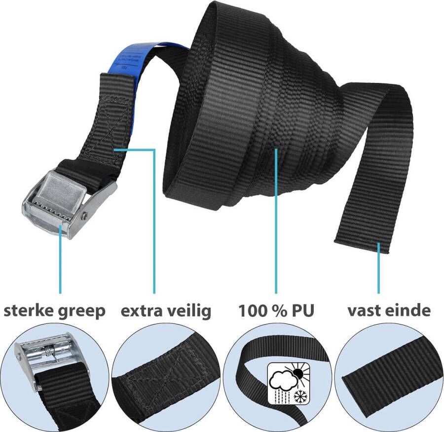 Sjorband spanband bevestigingsband met klemgesp zwart beschikbaar in verschillende lengtes en hoeveelheden draagvermogen tot 250 kg DIN EN 12195-2 4 stucks 2.5 cm x 6 m