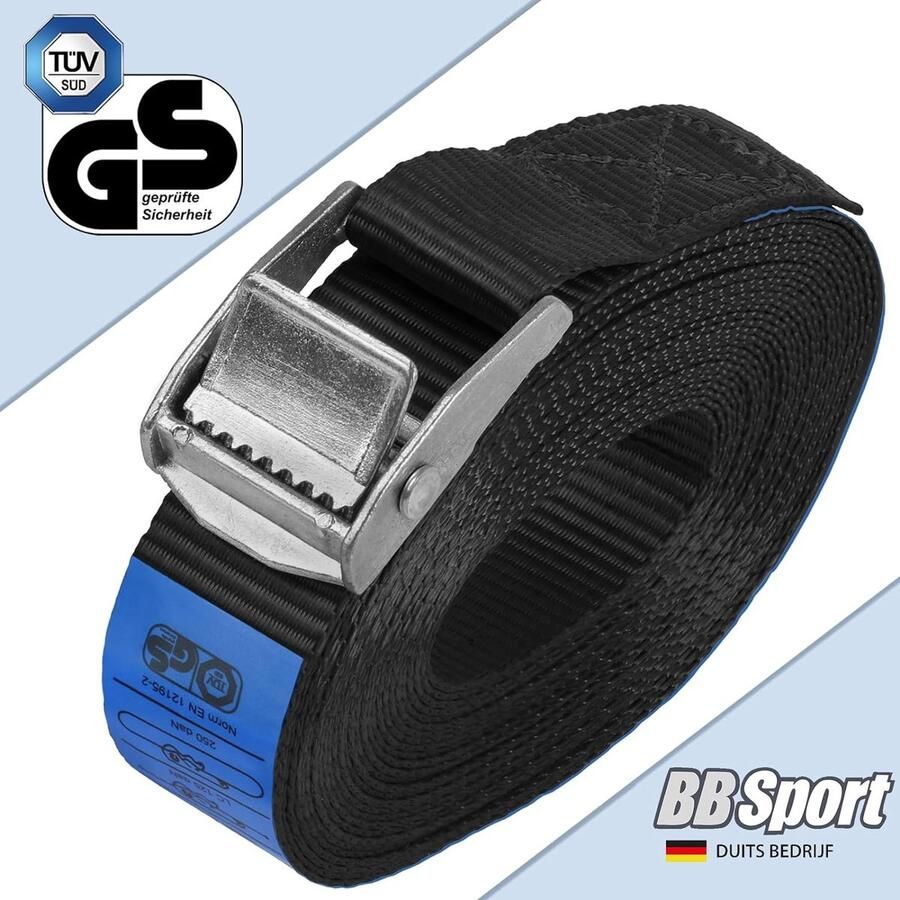Sjorband spanband bevestigingsband met klemgesp zwart beschikbaar in verschillende lengtes en hoeveelheden draagvermogen tot 250 kg DIN EN 12195-2 10 stucks Pack 2.5 cm x 6 m