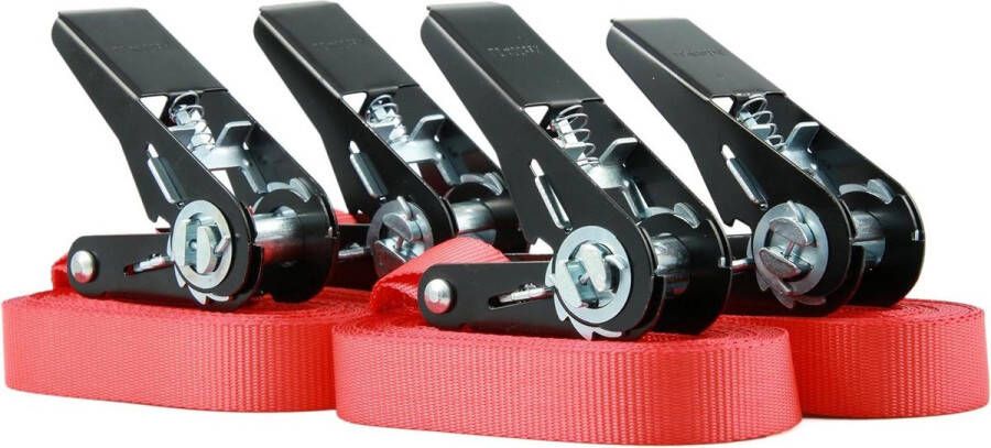 Sjorbanden met ratel Set van 4 duurzaam eendelig lengte 6 meter breedte 25 mm rood TÜV-gecertificeerd 900 kg DIN EN 12195-2 Spanbanden met ratel