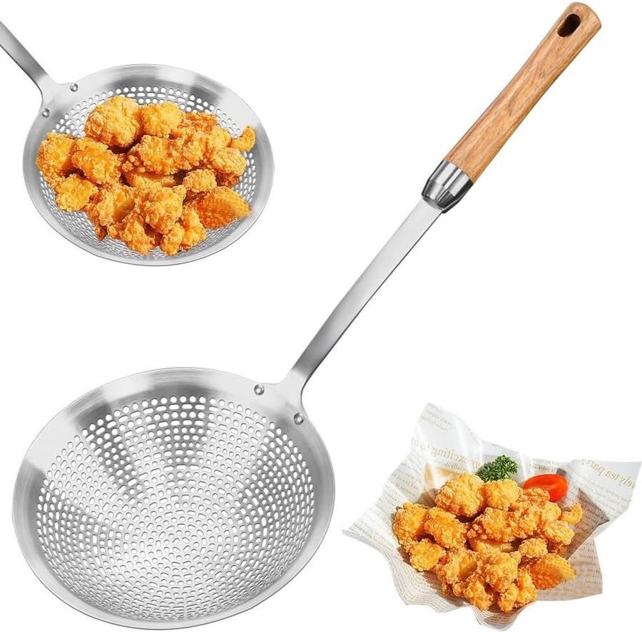 Skimmer Roestvrijstalen Zeeflepel Gleuflepel Grote Skimmer Rösle Hole Pollepel Skimmerlepel met hittebestendige lange houten steel Pollepel voor keuken Koken Aftappen Roosteren
