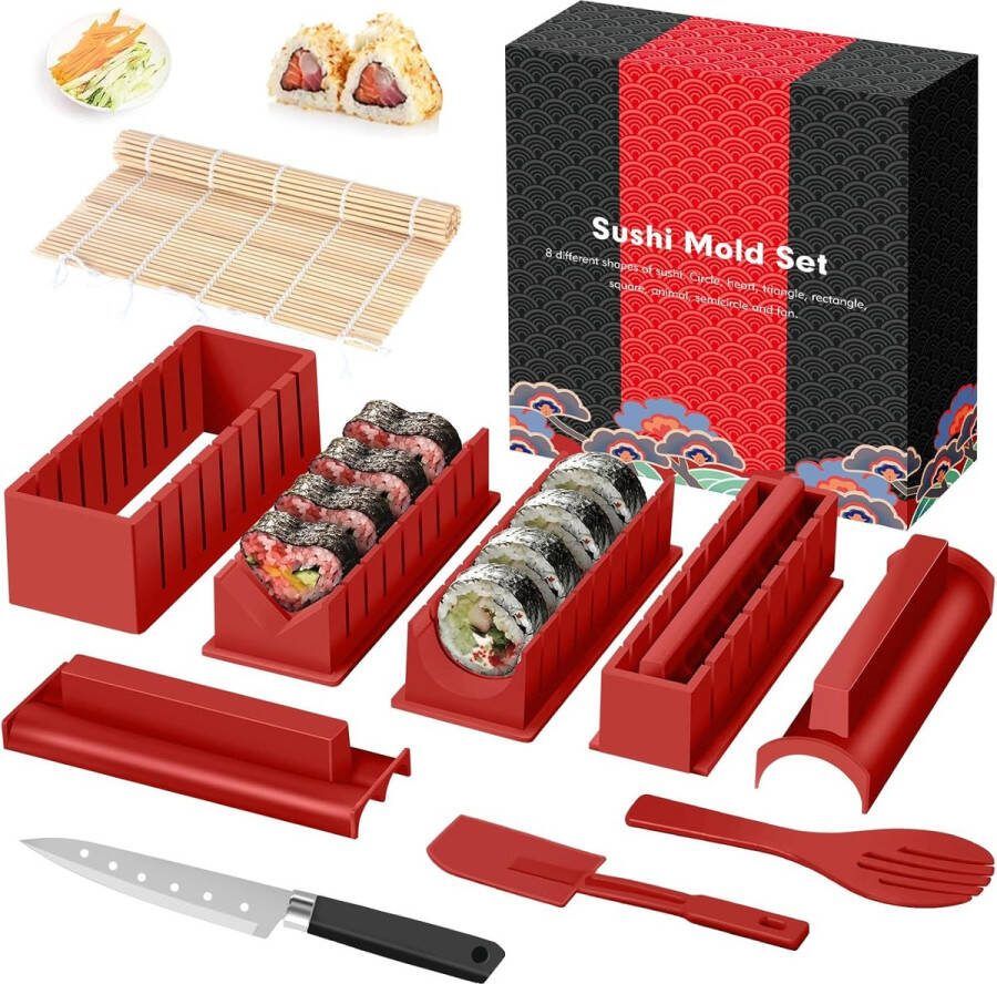 SKYSER Sushi Makerset 12 artikelen sushi maker kit voor beginners om zelf te maken kan als sushi bord worden gebruikt met sushi rijstrolvormen sushi rolvormen sushimes sushi rolmat (rood)