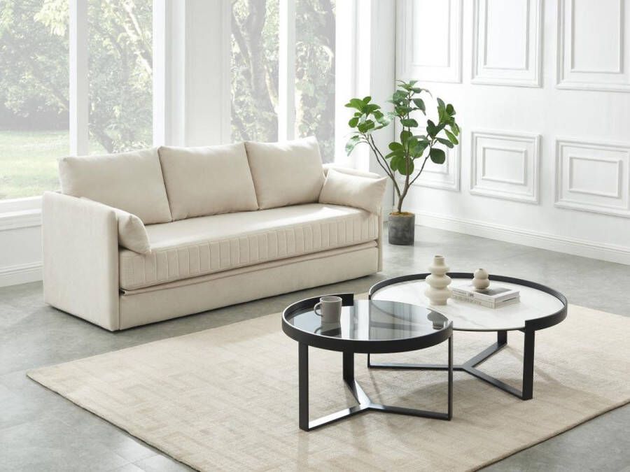 Slaapbank met 3 zitplaatsen en beige stoffen bekleding – GRECCO L 204 cm x H 84 cm x D 82 cm