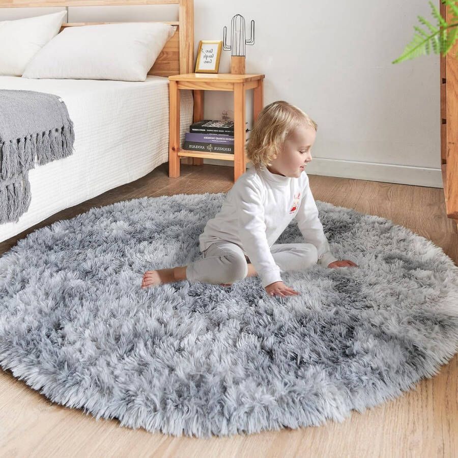 Slaapkamer pluche tapijt rond pluizig tapijt voor de woonkamer moderne woonkamer meisjes zacht en pluizig tapijt voor de slaapkamer kindermat lichtgrijs diameter 150 cm rond)