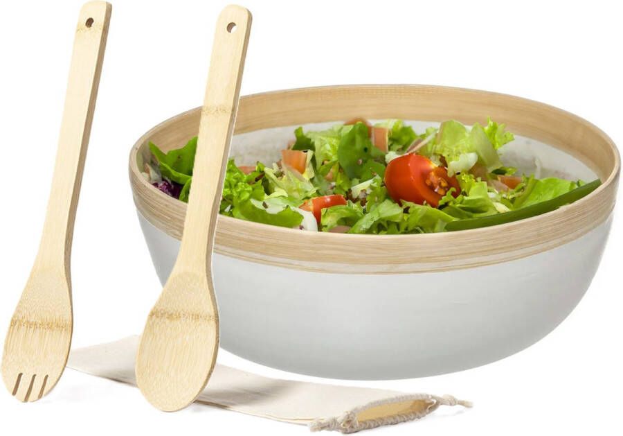 Merkloos Secret de Gourmet Slakom schaal met slacouvert Bamboe D30 cm Saladeschalen