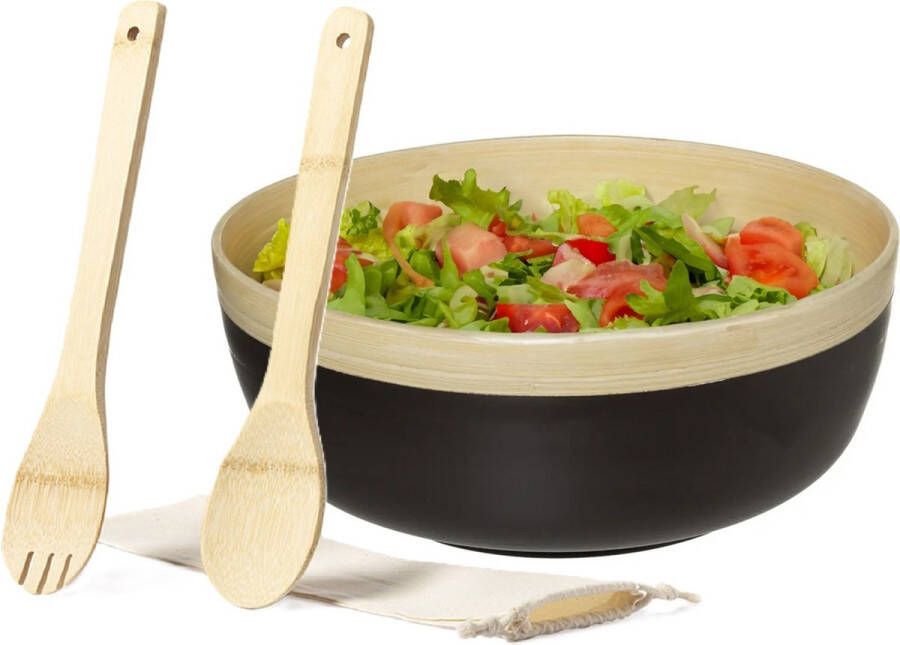 Merkloos Secret de Gourmet Slakom schaal met slacouvert Bamboe hout D30 cm Saladeschalen