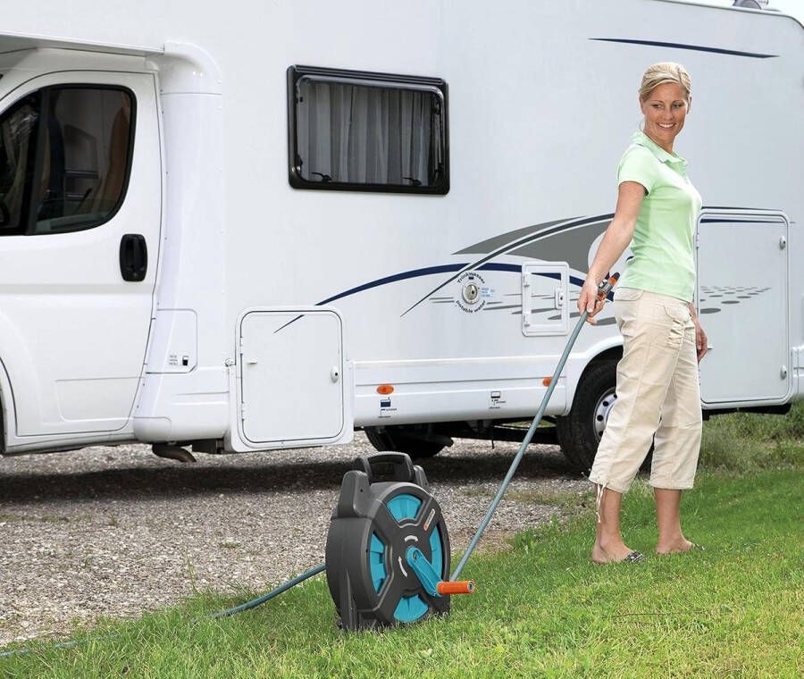 Slanghaspel 15 m slang ruimtebesparend kamperen caravan watersport adapters gangbare aansluitingen Classic Slangbox Tuinslang haspel