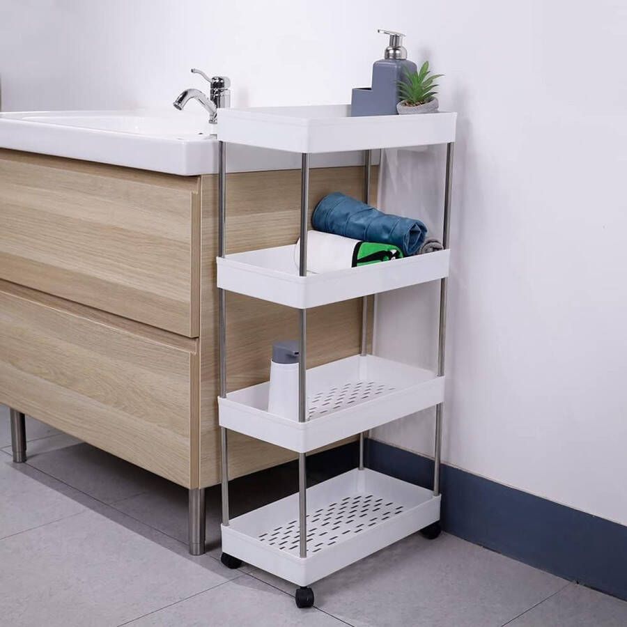 Slanke keukenwagenwielen ruimtebesparend badkamerrek keukenrek voor keuken badkamer wasgoed slaapkamer alkovenrek opbergwagen wit 4 lagen