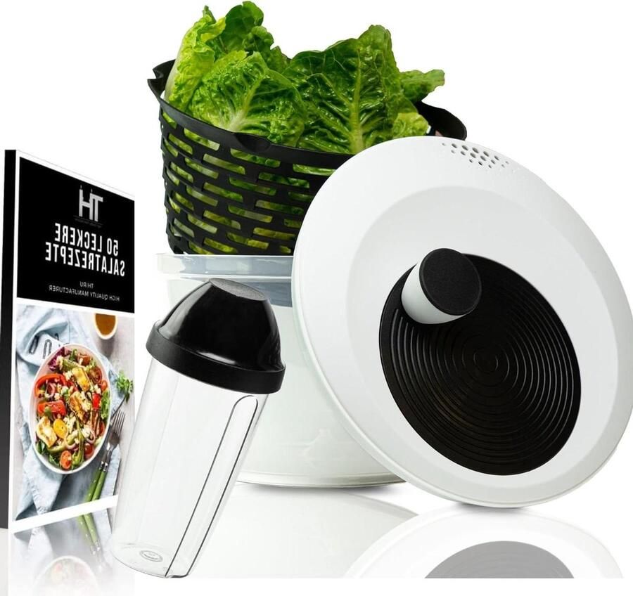 Slazwierder 4L Saladecentrifuge Innovatieve 3D-zwengel antislip 2-in-1 katapult & slakom uitstekend met een goede touch 4 l groot BPA-vrij incl. e-book