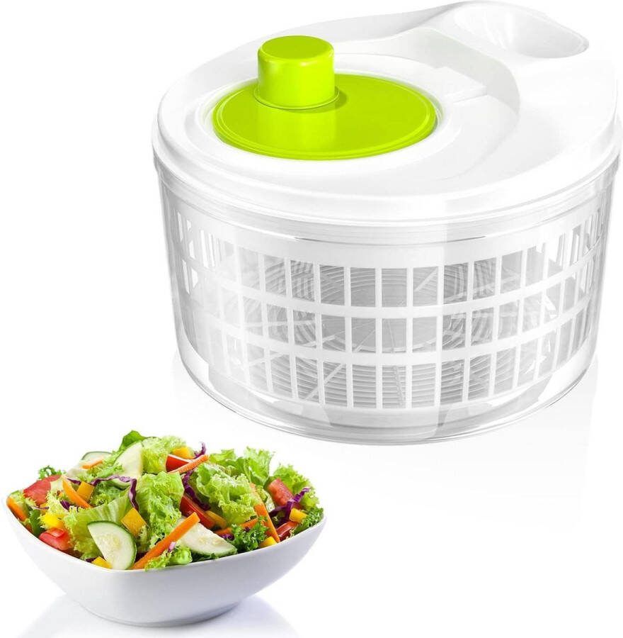 Slazwierder slacentrifuge met zwengelaandrijving en 3 liter slakom en zeef keukenhulp voor het wassen en drogen van sla groenten en fruit (22.5 cm x 15cm)