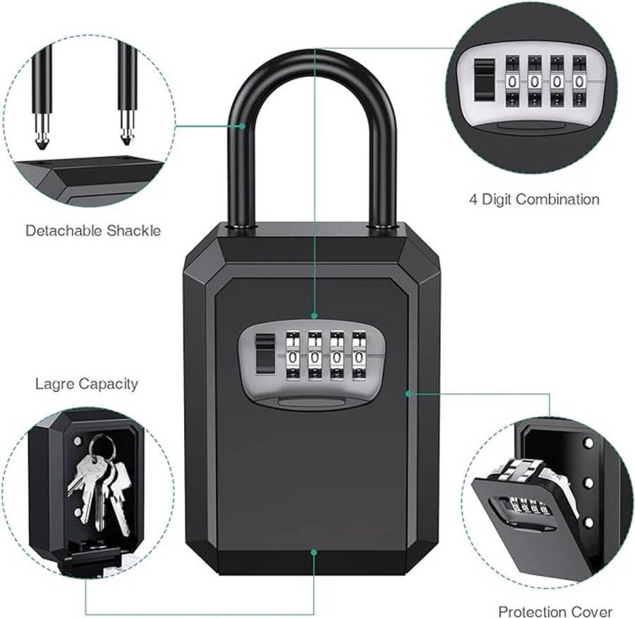 Sleutelkluis sleutelkast met 4-cijferige cijfercode sleutelslot box voor wandmontage met cijfercombinatie roestvrije legering wandsleutelkluis voor kantoor thuis garage zwart