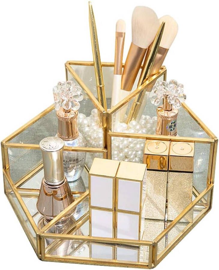 SLHEQING Make-up Organizer beauty organizer sieraden- penseelhouder goud glazen cosmetica box transparant decoratief blad