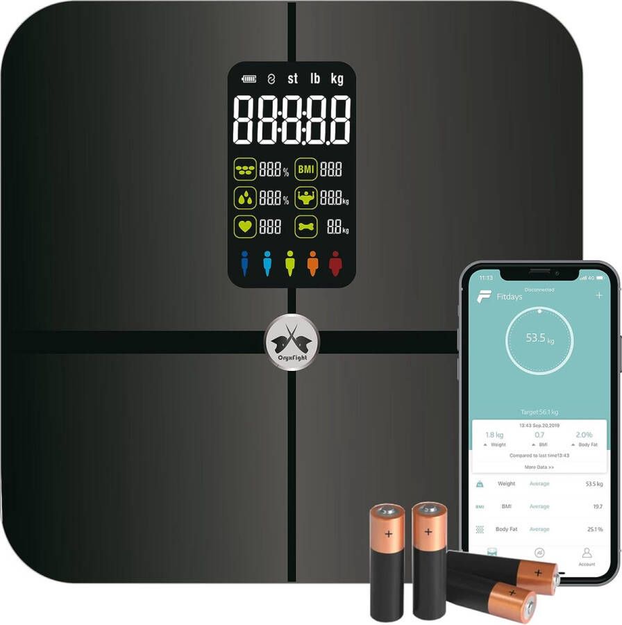 Slimme Weegschaal met 15x Lichaamsanalyse incl. 4 AAA-Batterijen Personenweegschaal tot 180kg Personenweegschaal Digitaal met LCD-Display Weegschaal Personenweegschaal Zwart