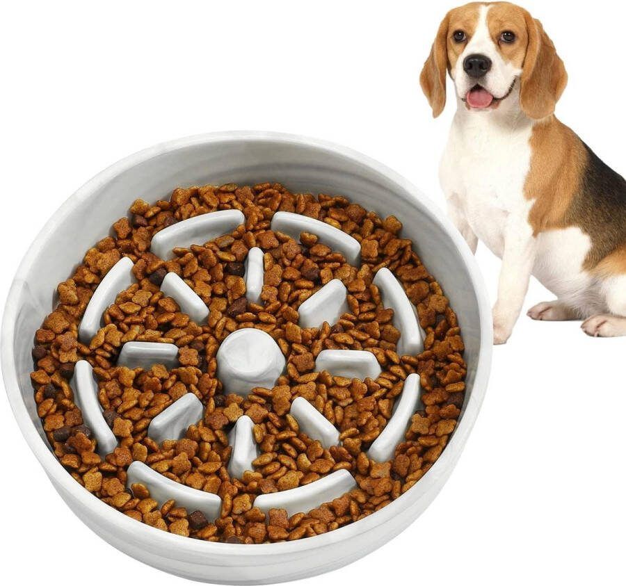 Slow Feeder Ceramic Bowl Non-Slip Anti Gulping Choking Prevention Fun Eating Dish for Dogs S M Wide 8.5in Marble White