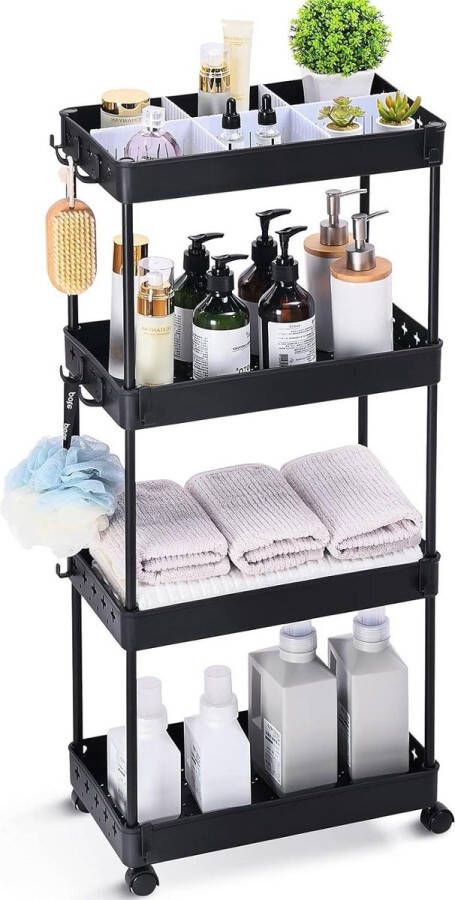 Smalle Keukentrolley 4 Niveaus 22 cm Breed Opbergwagen Keukenkast Zwart 40x22x88 cm