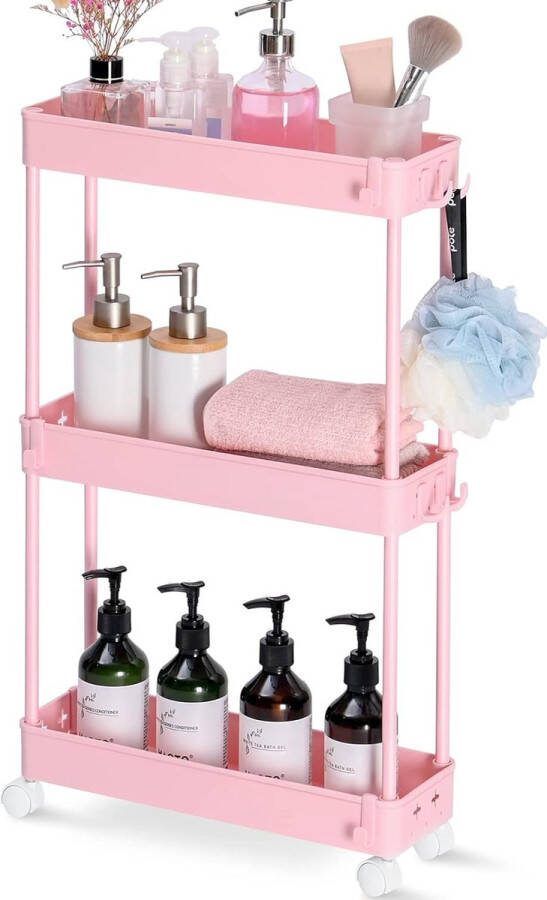 Smalle keukentrolley met 3 niveaus 13 cm breed opbergwagen op wielen voor keuken of woonkamer enz. roze 40 x 13 5 x 62 cm