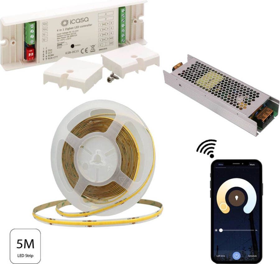 Smart COB LED Strip 10mm 512SMD's 5 meter 24V 12 watt p m Incl. Zigbee controller Dimbaar via app