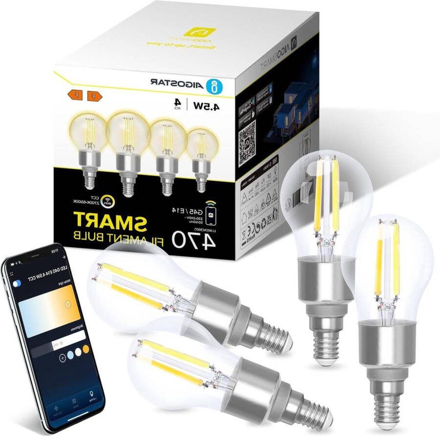 Smart Filament Lamp Dimbaar WIFI E14 LED 4.5W 470 Lumen 2700K -6500K Compatibel met Alexa en Google Home Set van 4